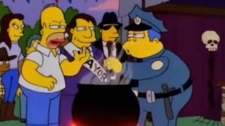 Chief Wiggum and Homer standing over a caldron of chili