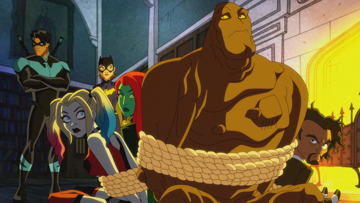 Clayface sits tied up with other DC villains while Nightwing and Batgirl watch over them in Harley Quinn S3. 