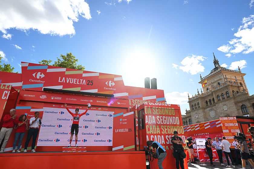 Final overall winner Jonas Vingegaard celebrates another day in the lead in the 2025 Vuelta a España