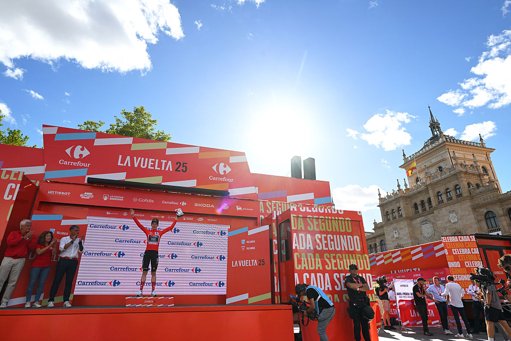 Final overall winner Jonas Vingegaard celebrates another day in the lead in the 2025 Vuelta a España