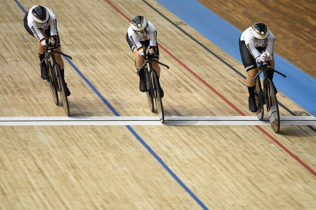 German teams members compete in the womens Team Pursuit qualifying during the UCI Track Cycling World Championships at JeanStablinski velodrome in Roubaix northern France on October 20 2021 Photo by FRANCOIS LO PRESTI AFP Photo by FRANCOIS LO PRESTIAFP via Getty Images