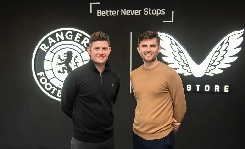 Castore co-founders Phil and Tom Beahon (left) are pictured as The Rangers Store is officially re-opened at Ibrox Stadium, on August 6, 2020, in Glasgow, Scotland.