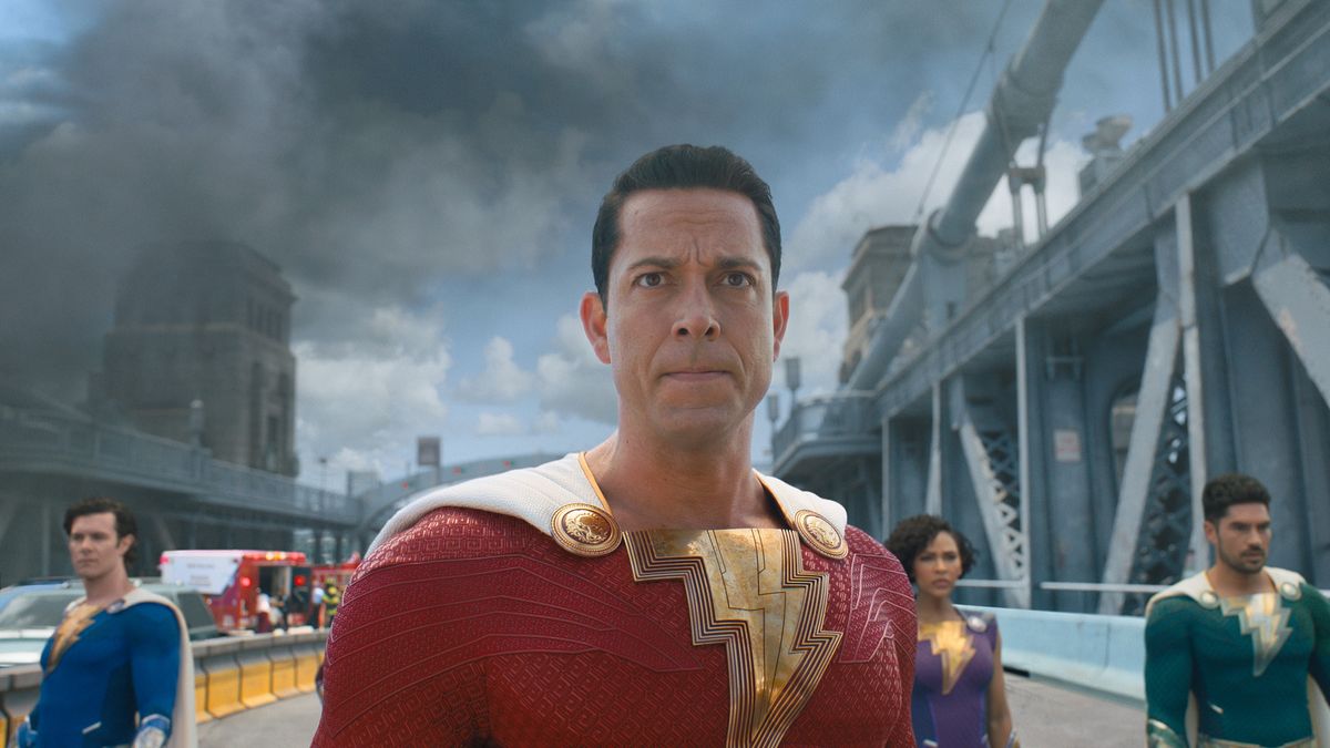 Adam Brody, Zachary Levi, Meagan Good and D.J. Cotrona in Shazam! Fury of the Gods