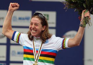 VARESE, ITALY - SEPTEMBER 27: Nicole Cooke of Great Britain celebrates winning the Elite Women's Road Race during the 2008 UCI Road World Championships on September 27, 2008 in Varese, Italy. (Photo by Bryn Lennon/Getty Images)