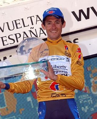 Roberto Heras (Liberty Seguros) celebrating his fourth Vuelta win on September 18 - this victory will now belong to Denis Menchov