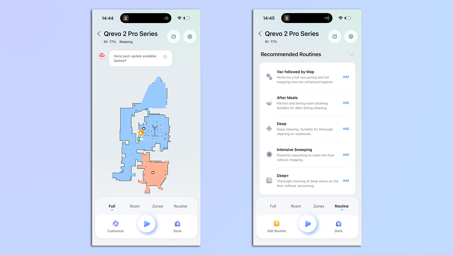 screenshots from the Roborock app showing mapping and controls for the Roborock Qrevo 2 Pro