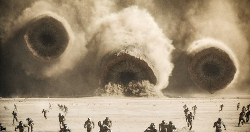 Dune Part Two sand worms in a still from the film, with a score by Hans Zimmer