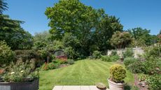 A general view looking down a back garden from a patio, laid to lawn with flower beds, small shed and large trees on a hot summers day with clear blue sky