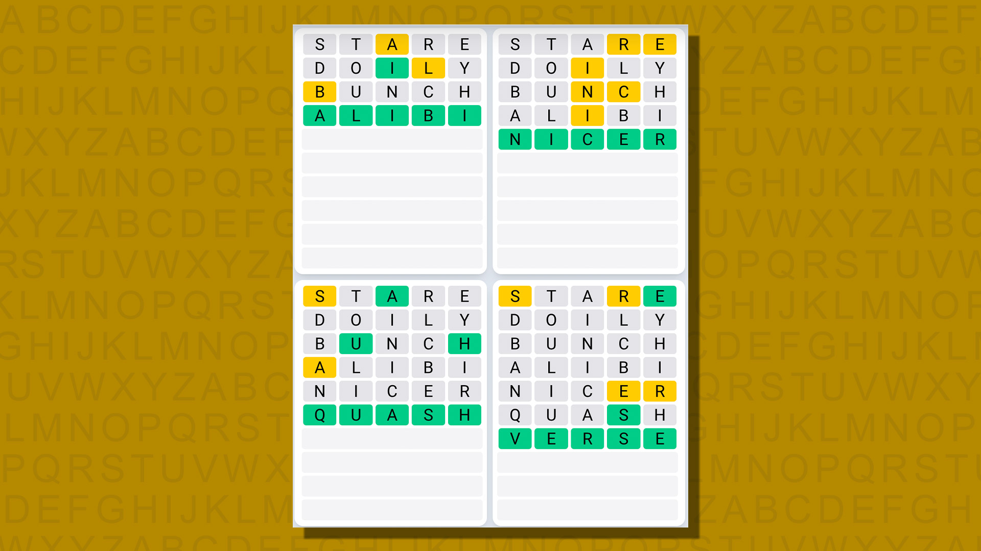 Respuestas de secuencia diaria de Quordle para el juego 790 sobre un fondo amarillo