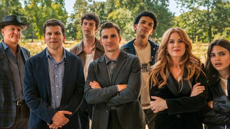 Woody Harrelson, Jesse Eisenberg, Dominic Sessa, Dave Franco, Justice Smith, Isla Fisher, and Ariana Greenblatt in Now You See Me: Now You Don't