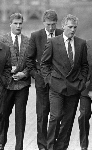 Rangers players goalkeeper Chris Woods, Terry Butcher and Graham Roberts in Glasgow, at the Sheriff Court, where they and Celtic’s Frank McAvennie denied charges arising from their “Old Firm” derby at Ibrox Stadium in October 1987