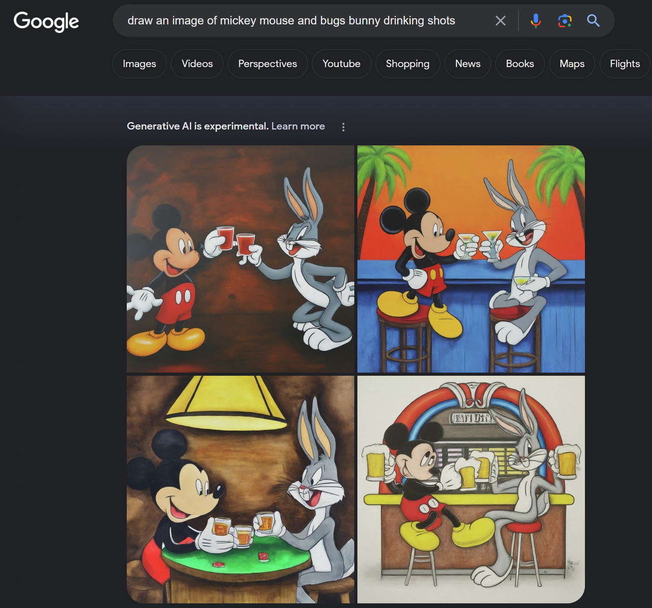 Mickey Mouse and Bugs Bunny Drinking, Generated by Google SGE