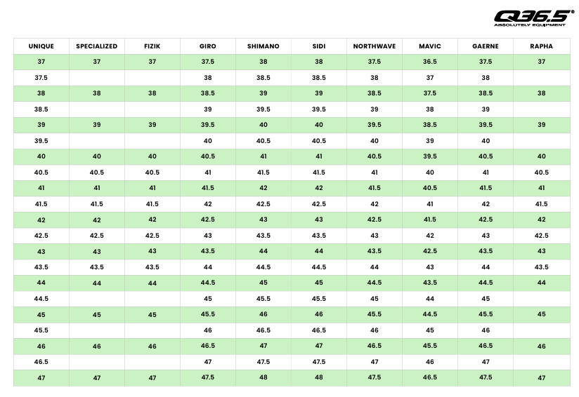 A Q36.5 shoe sizing table