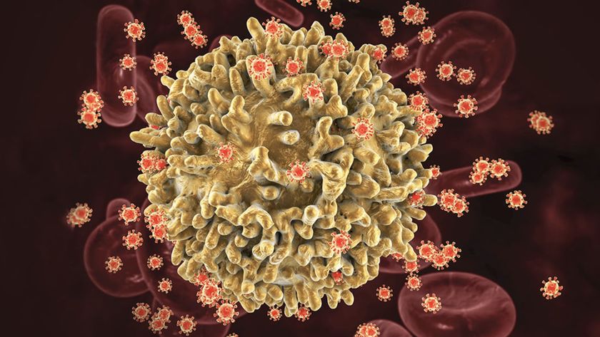 an illustration of HIV viral particles attacking an immune cell