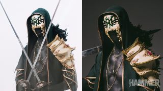 Two pictures of Sleep Token frontman Vessel in his mask, one with a white background and one with a black background