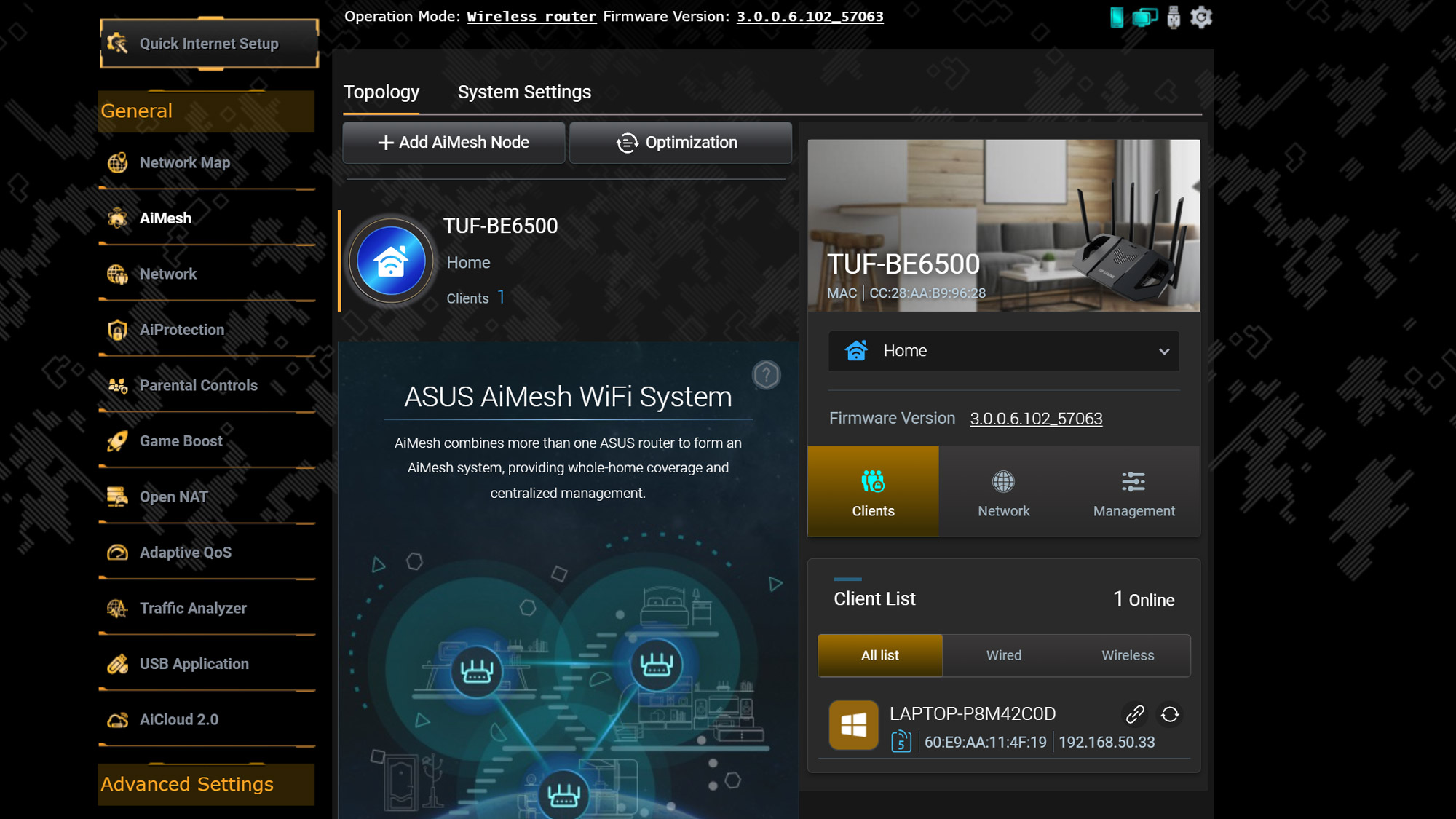 A screenshot of the Asus TUF Gaming BE6500 router web interface.