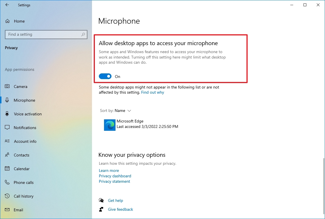 Windows 10 privacy allow Teams microphone access