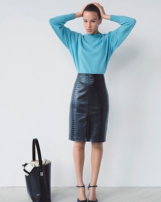 Pre-Order Pencil Midi Skirt in Croc-Embossed Faux Leather