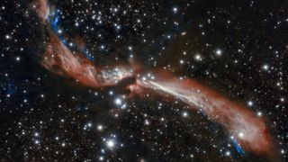 The Gemini South telescope in Chile captured a young stellar jet, called MHO 2147, located 10,000 light-years from Earth in the galactic plane of the Milky Way.