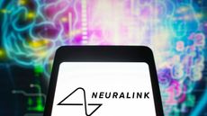 The neuralink logo in front of an abstract image of a human brain