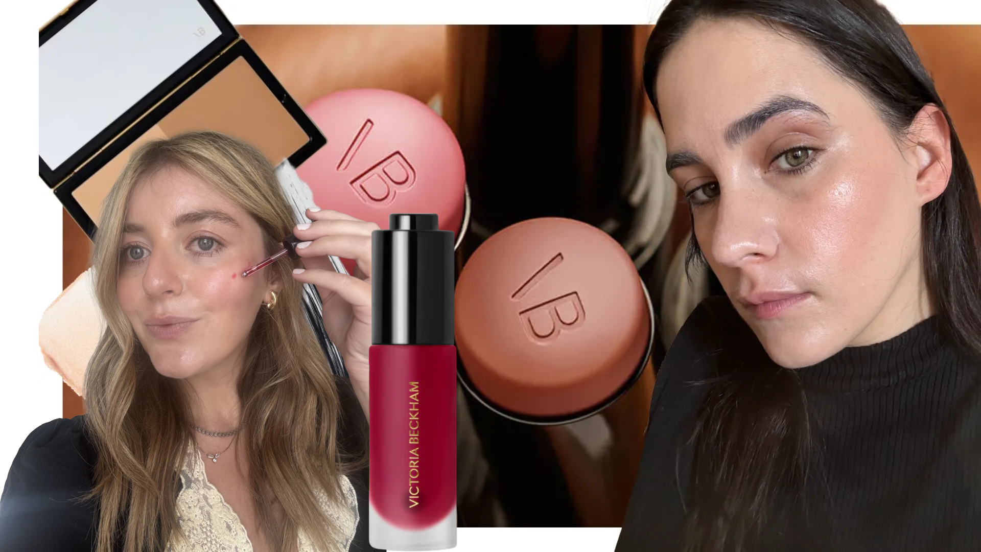 collage of two girls swatching victoria beckham beauty products like blush, foundation and eyeshadow