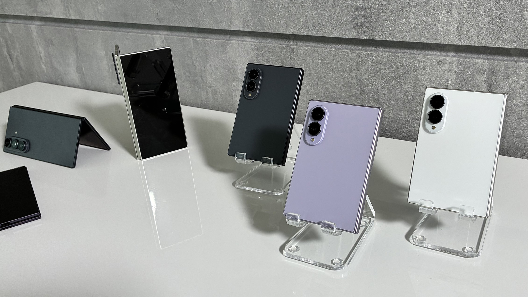 A squad of squarish Samsung Galaxy Z Fold 8 colorways.
