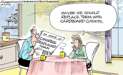 Political Cartoon U.S. Congress Stimulus Talks Cardboard Cutouts Baseball Fans
