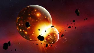 moon collision graphic showing two large spherical objects crashing into each other in space.