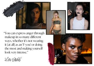 Collage of grungy makeup looks with a pull quote from Lila Childs