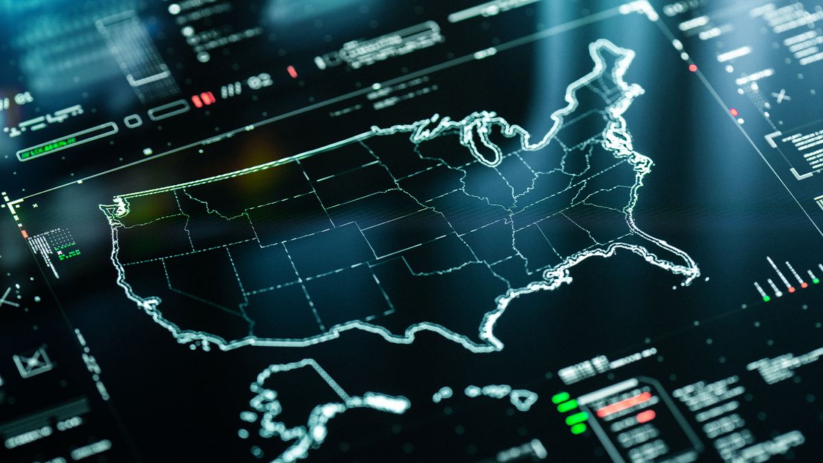 Map of the United States of America on a digital interface.