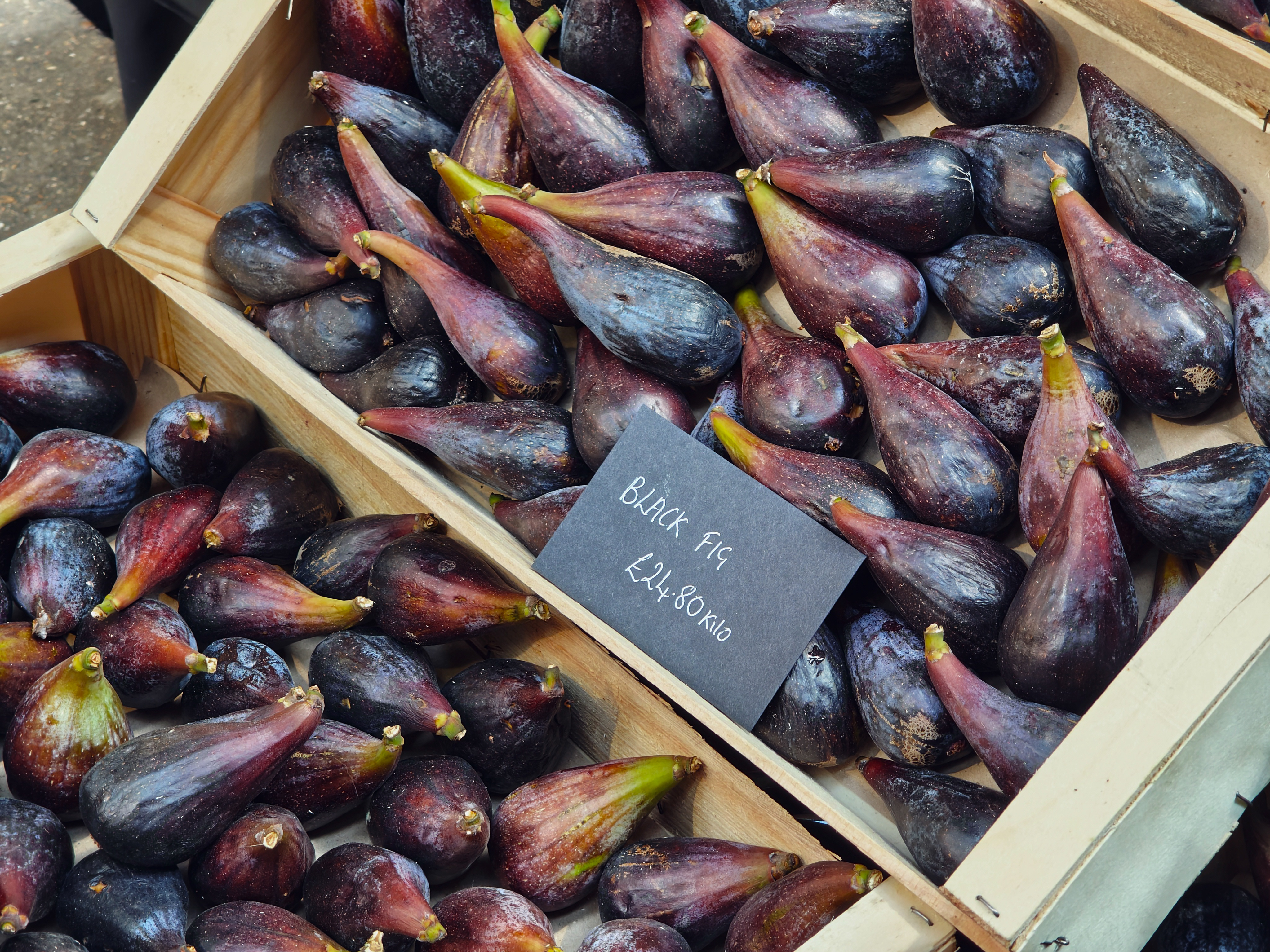 Black figs in a London fruit market