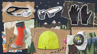 Selection of winter running gear with a scrapbook style background
