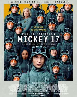 The poster for Mickey 17, showing the cast all wearing the same grey protective suits. There are numerous duplicates of the main character, all with their eyes crossed out.