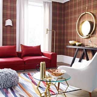 modern living room with tartan wallpaper