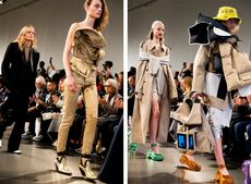Models wear black suit, beige top and trouser, beige trench coat and beige jacket with white skirt