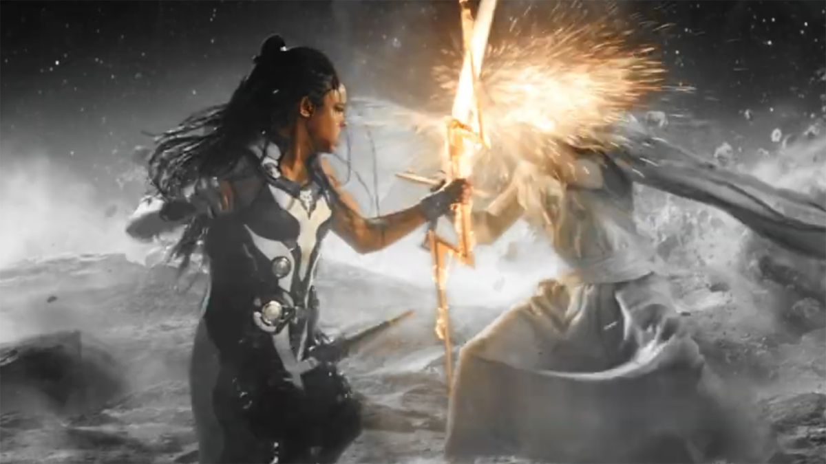 Valkyrie fighting Gorr the God Butcher in Thor: Love and Thunder