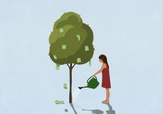 a woman watering her money tree