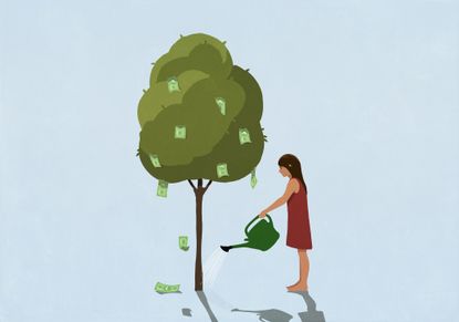 a woman watering her money tree