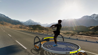 Virtual figure controlling a stylised bike on a mountain road