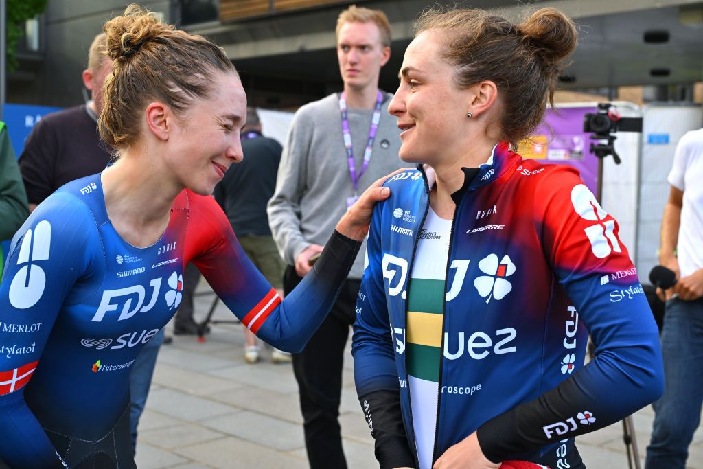 Cecilie Uttrup Ludwig congratulates her FDJ-SUEZ teammate Grace Brown on winning stage 3
