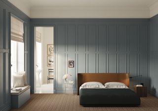 A bedroom with wall panelling