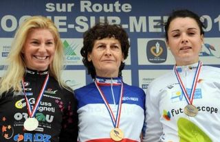 The 2011 French women's time trial podium: Christel Ferrier-Bruneau, Jeannie Longo and Audrey Cordon
