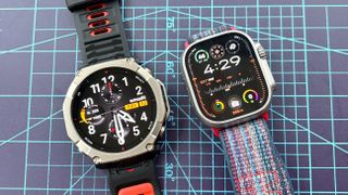 Close-up of the Amazfit T-Rex 2 Ultra next to the Apple Watch Ultra 3