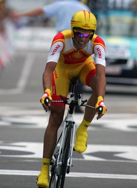 Alberto Contador (Astana) crosses the finish line.