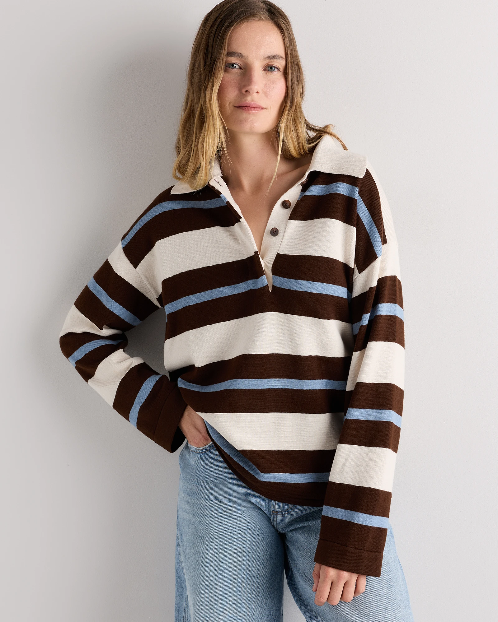 Cotton Cashmere Rugby Polo Sweater in Bone / Brown / Mountain Spring Blue Variegated Stripe