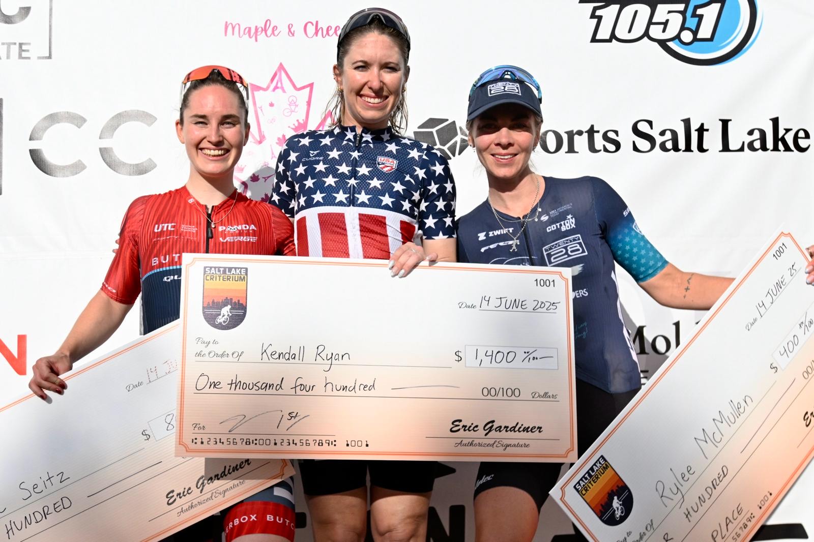 Women's podium at second stop of ACC (L to R): Aline Seitz in second place, winner Kendall Ryan (L39ION of Los Angeles) and Rylee McMullen (Virginia's Blue Ridge TWENTY28)