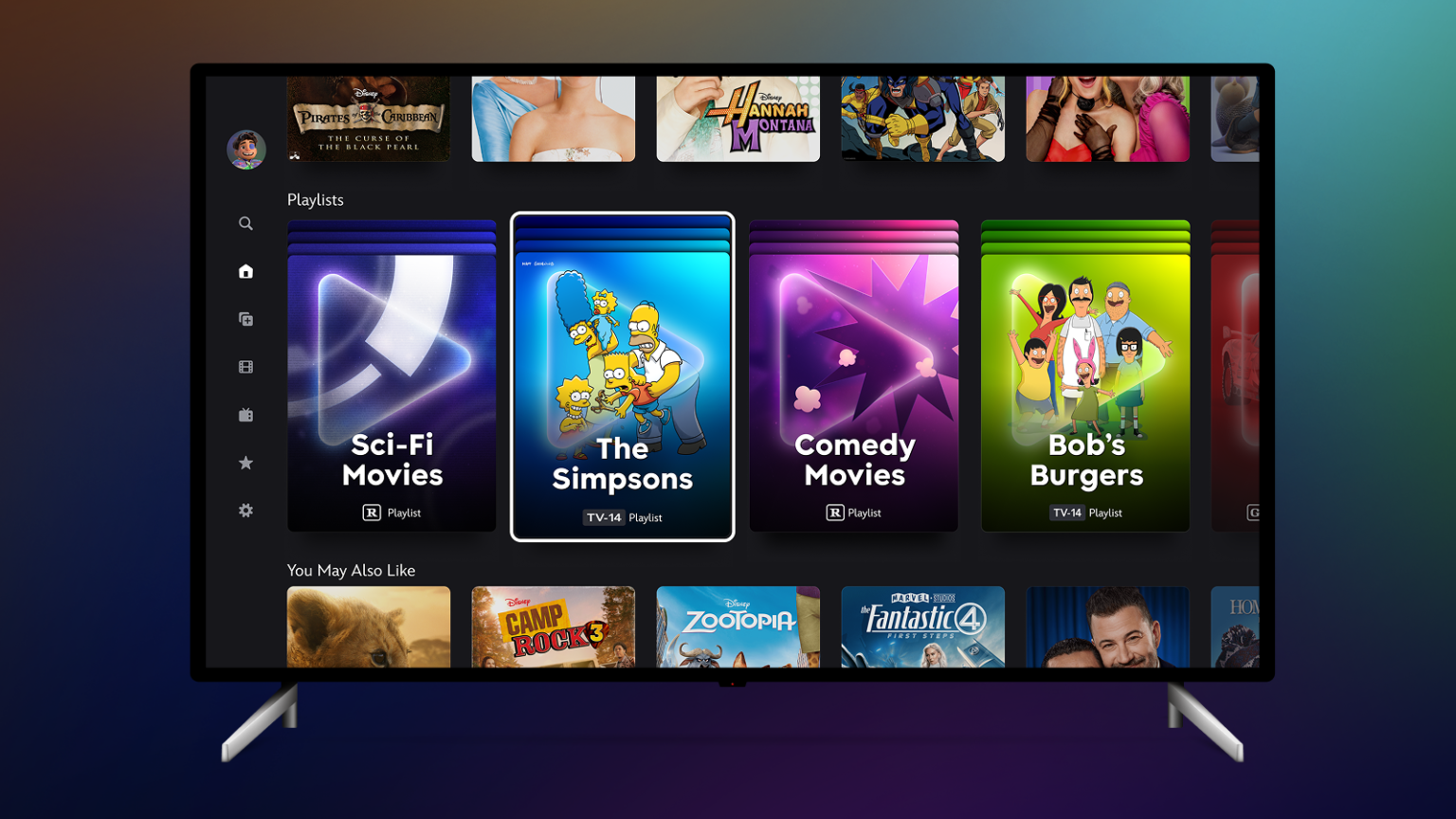 A TV screen with the Disney+ homepage showing a carousel of content playlists