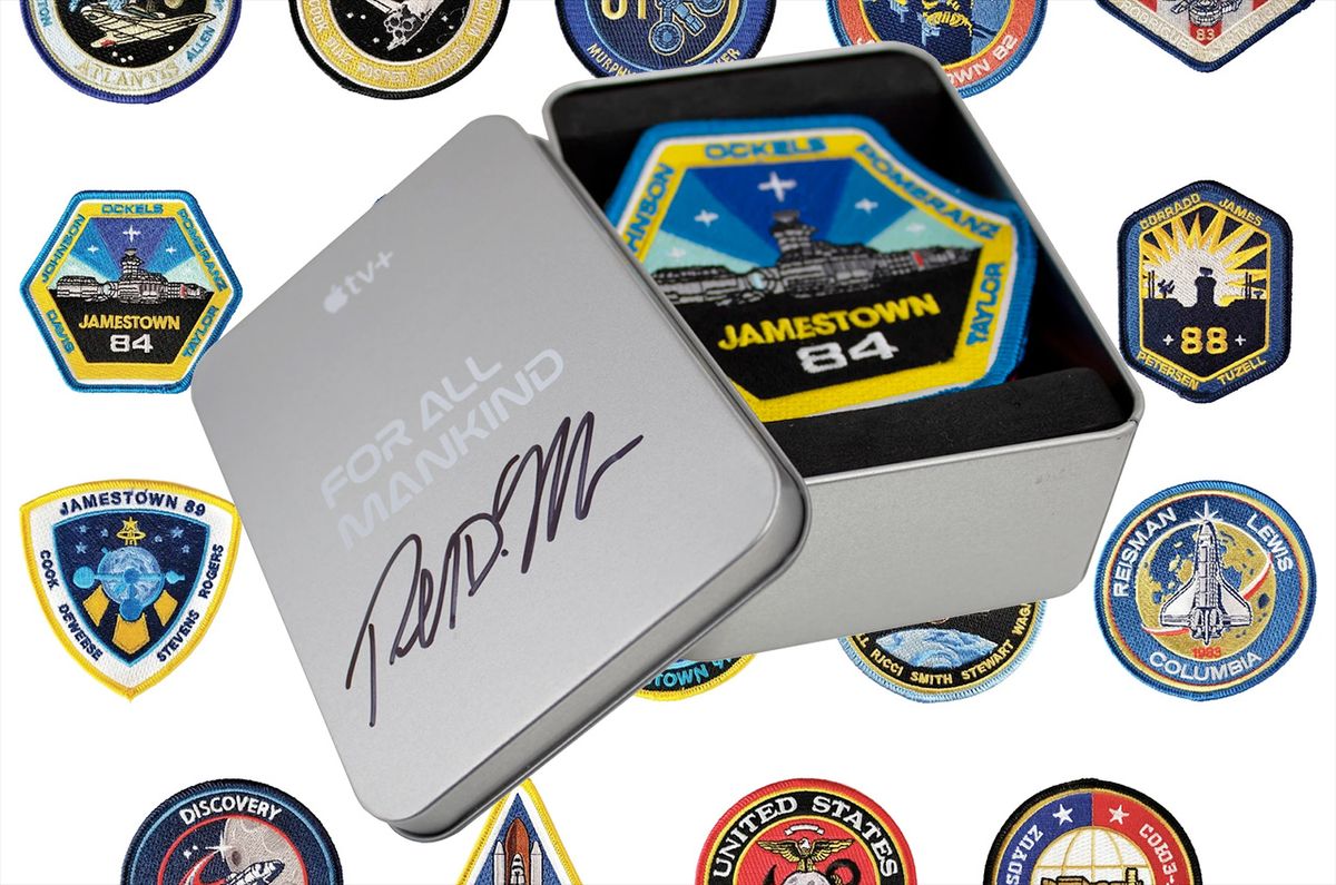 Icon Heroes&#039; &quot;For All Mankind&quot; Season 2 patches come packaged in a tin authentically autographed by the Apple TV+ series&#039; creator and writer Ronald D. Moore. 