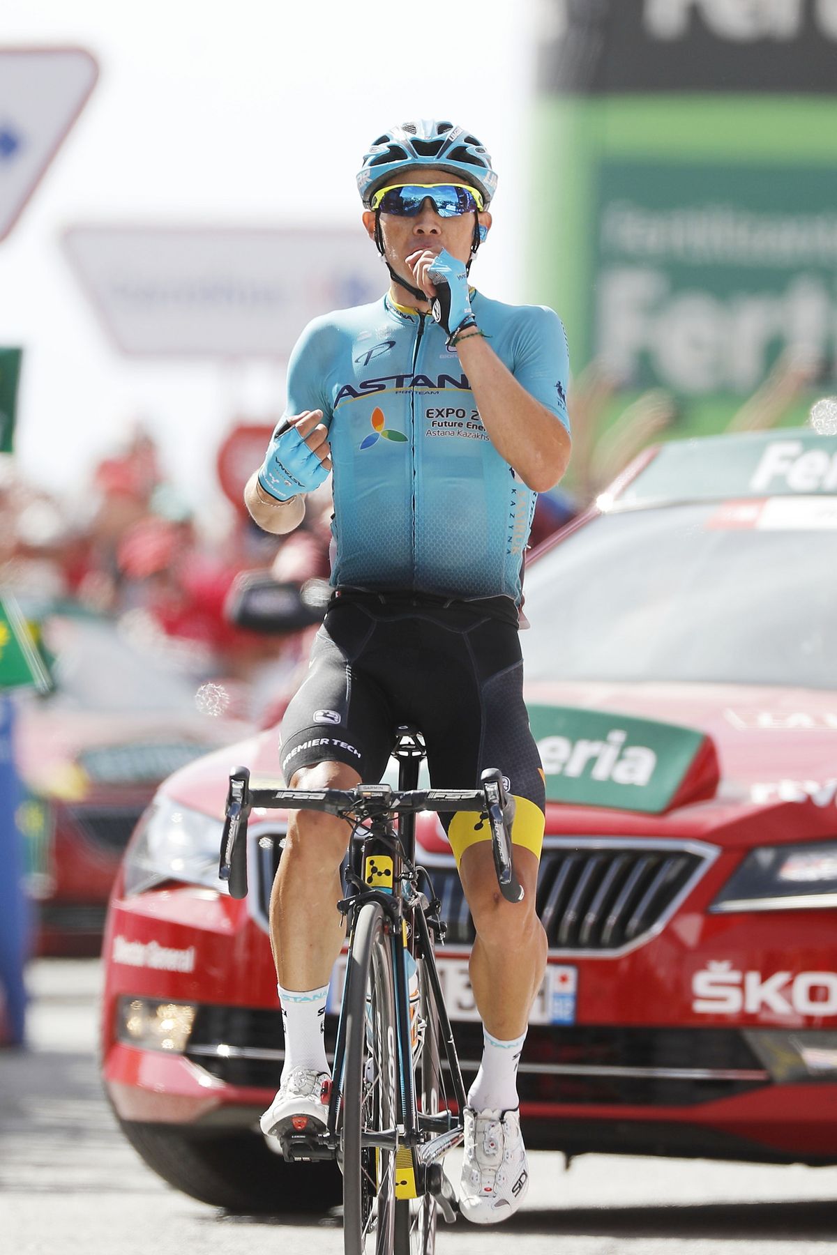 Miguel Angel Lopez celebrates a victory on the 15th stage of the Vuelta a Espa&ntilde;a.
