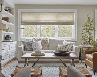 A living room with grey sofa, wooden table, beige walls and warm neutral accessories